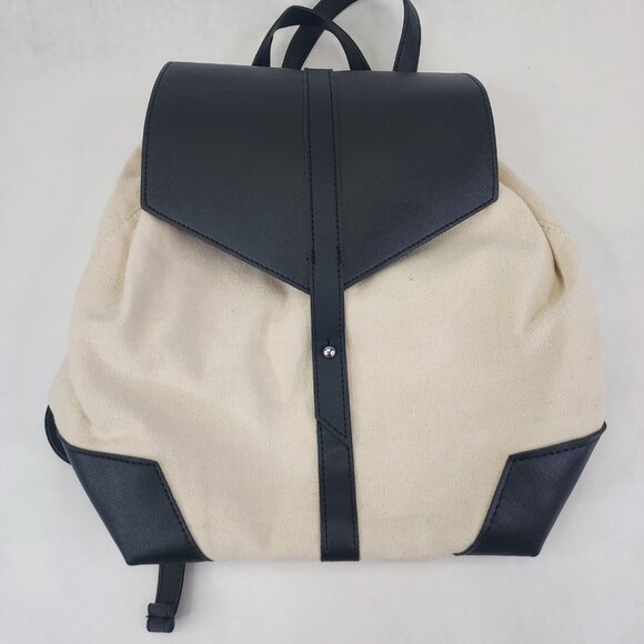 Deux Lux Demi Backpack Beige Canvas Bag Black Vegan Leather Straps Lined - Picture 13 of 16
